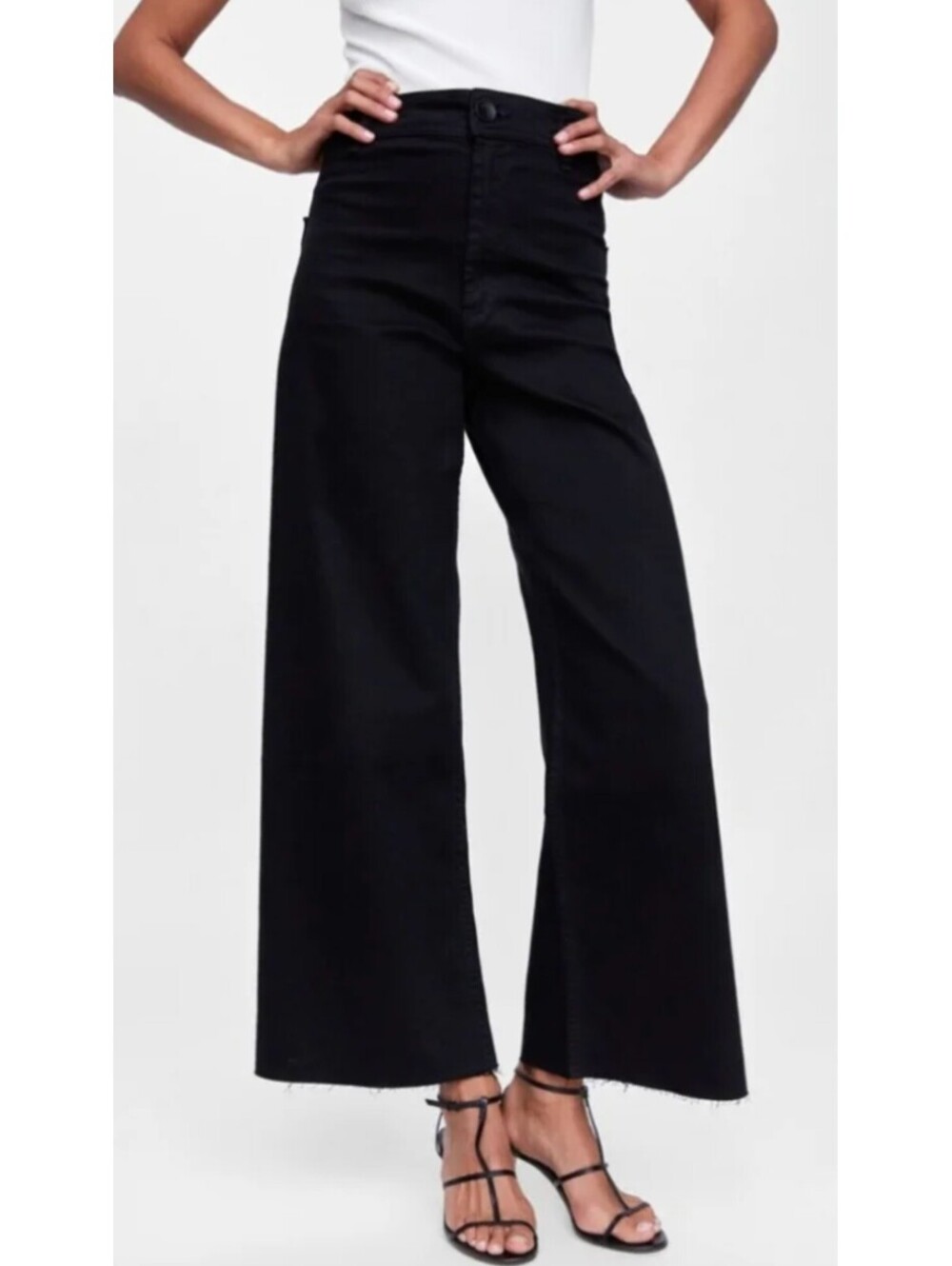 Zara The Marine Straight Jeans Pure Black High Rise Wide Leg Raw Hem US 4